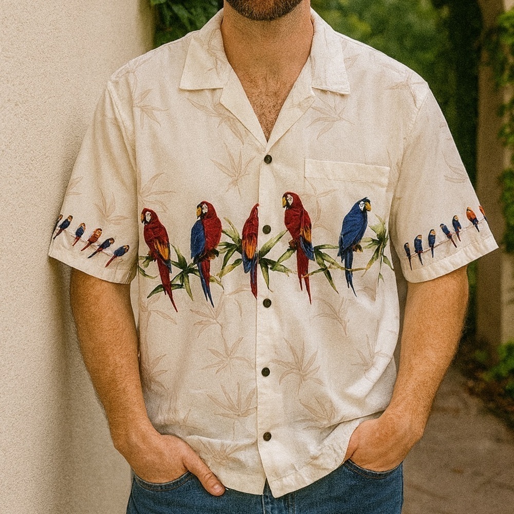 Vintage Pacific Legend Parrot Cotton Short Sleeve Button Front Shirt Men 2XL
